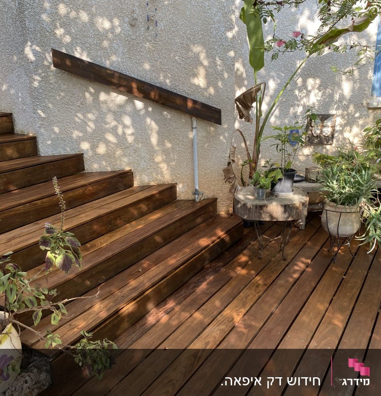 מדרגות ודק עץ עם עציצים וצמחים